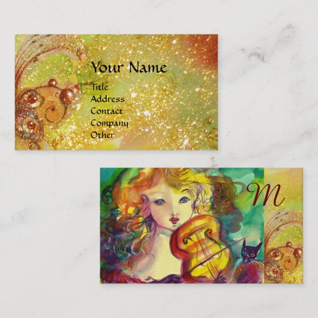 VIOLINIST GIRL PLAYING VIOLIN,GOLD YELLOW MONOGRAM BUSINESS CARD (Front/Back)