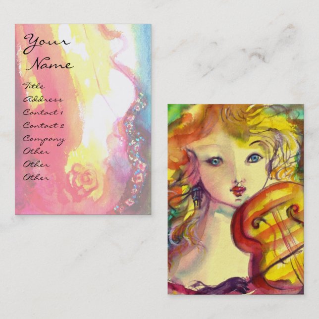 VIOLINIST GIRL PLAYING VIOLIN WITH CAT BUSINESS CARD (Front/Back)