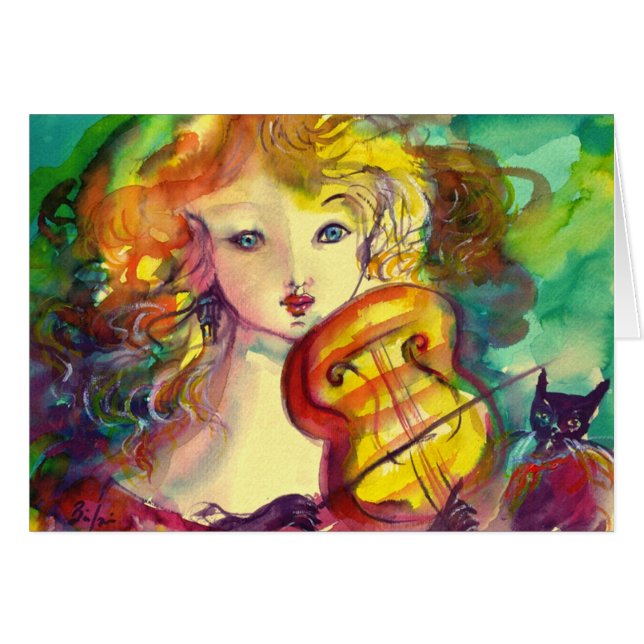 VIOLINIST GIRL ,VIOLIN  AND CAT (Front Horizontal)