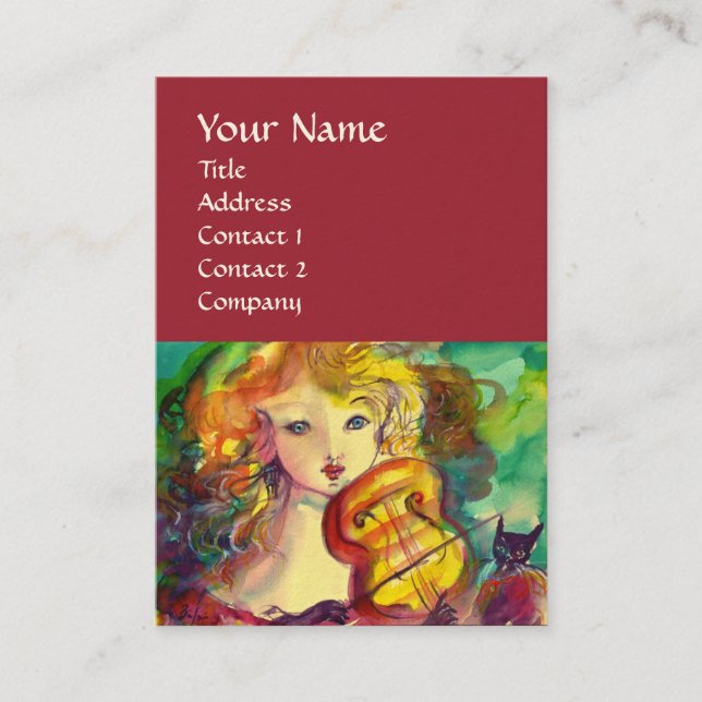 VIOLINIST GIRL ,VIOLIN  AND CAT BUSINESS CARD (Front)
