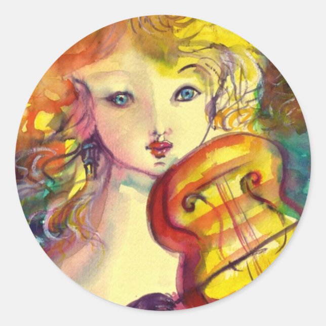 VIOLINIST GIRL ,VIOLIN  AND CAT CLASSIC ROUND STICKER (Front)