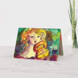 VIOLINIST GIRL ,VIOLIN AND CAT Happy Birthday Card