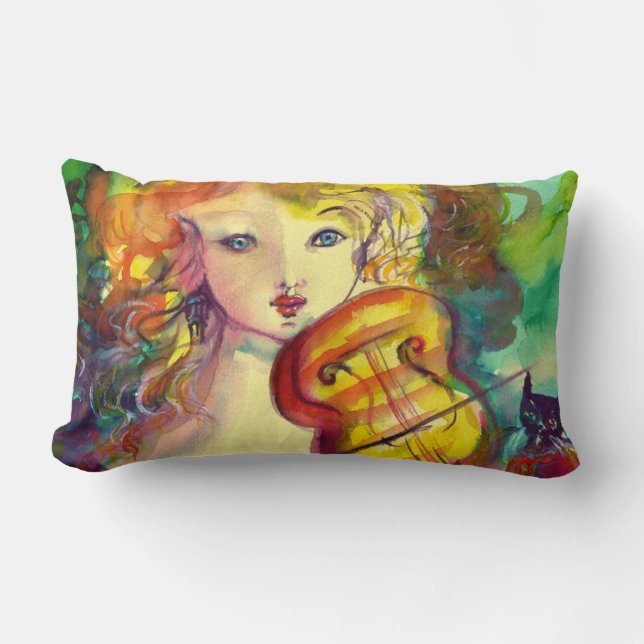 VIOLINIST GIRL ,VIOLIN  AND CAT LUMBAR CUSHION (Front)