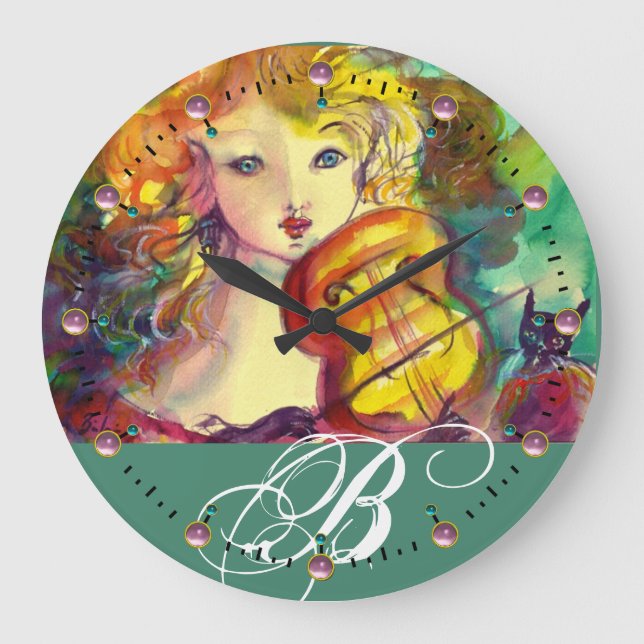VIOLINIST GIRL ,VIOLIN  AND CAT MONOGRAM LARGE CLOCK (Front)