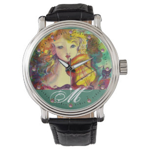 VIOLINIST GIRL ,VIOLIN AND CAT MONOGRAM WATCH