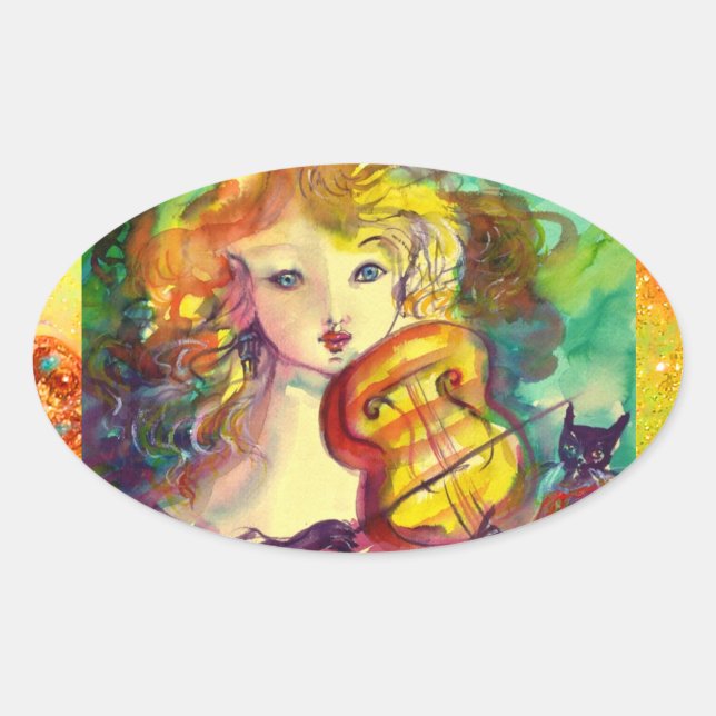 VIOLINIST GIRL ,VIOLIN  AND CAT OVAL STICKER (Front)