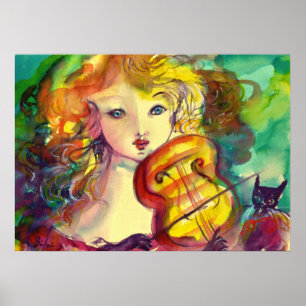 VIOLINIST GIRL ,VIOLIN AND CAT POSTER