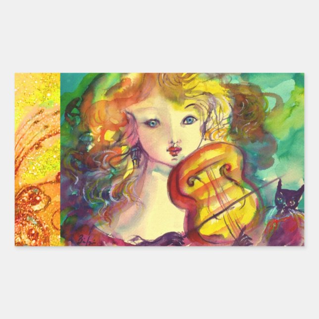 VIOLINIST GIRL ,VIOLIN  AND CAT RECTANGULAR STICKER (Front)