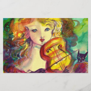 VIOLINIST GIRL ,VIOLIN AND CAT STATIONERY