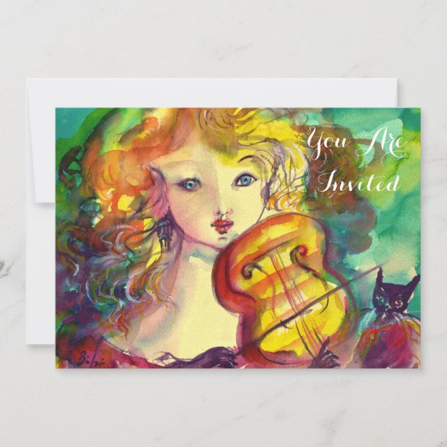 VIOLINIST GIRL ,VIOLIN  AND CAT Sweet 16 Birthday Invitation (Front)