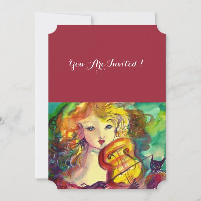 VIOLINIST GIRL ,VIOLIN  AND CAT Sweet 16 Birthday Invitation (Front)