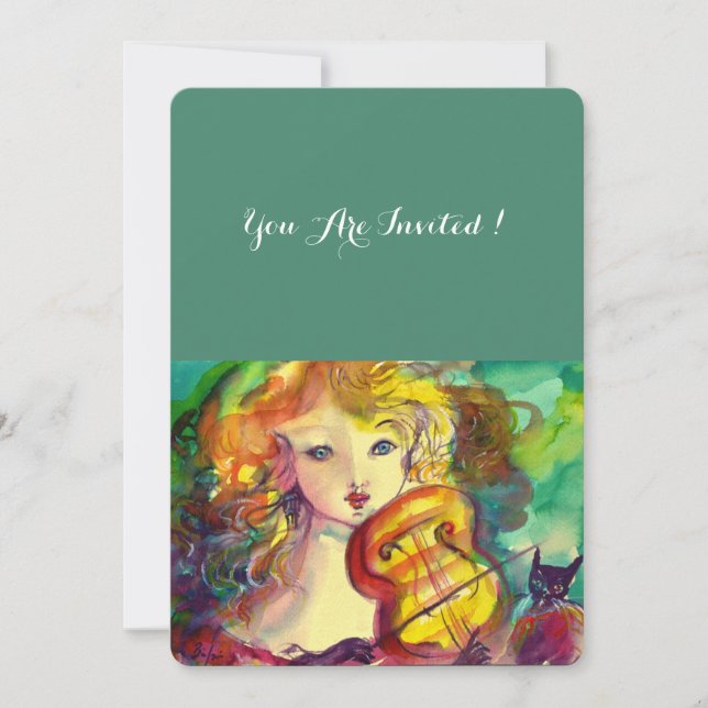 VIOLINIST GIRL ,VIOLIN  AND CAT Sweet 16 Birthday Invitation (Front)