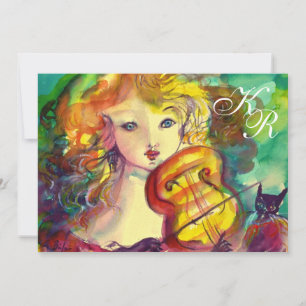 VIOLINIST GIRL ,VIOLIN  AND CAT Sweet !6 Monogram Invitation
