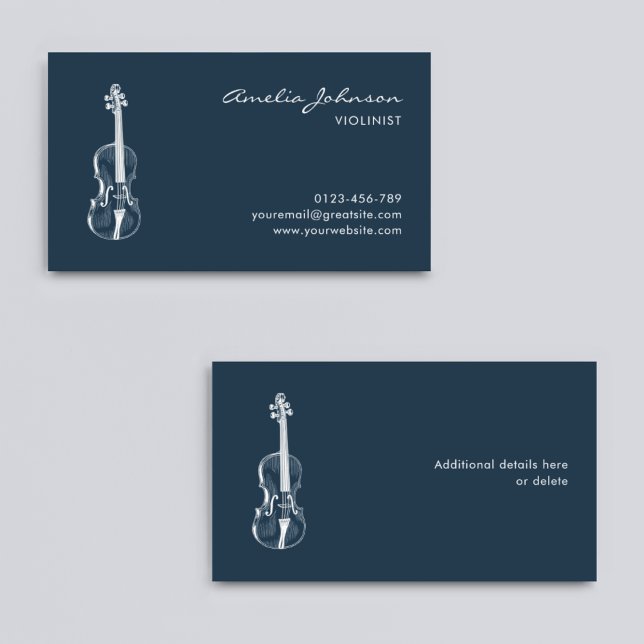 Violinist Navy Blue Elegant Script Music Teacher Business Card (Creator Uploaded)