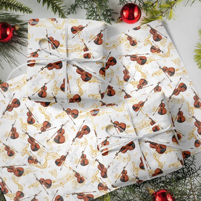 Violins with Gold Music Notes Christmas Holiday Wrapping Paper Sheet (Creator Uploaded)