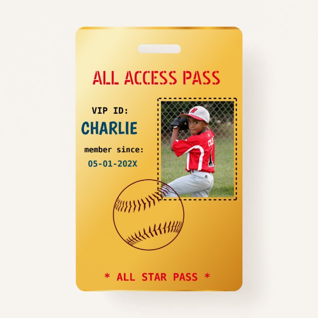 VIP Access Baseball Birthday Party Badge ID Badge (Front)