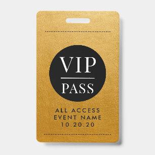 VIP All Access Event Gold Metallic Foil Gold Black ID Badge