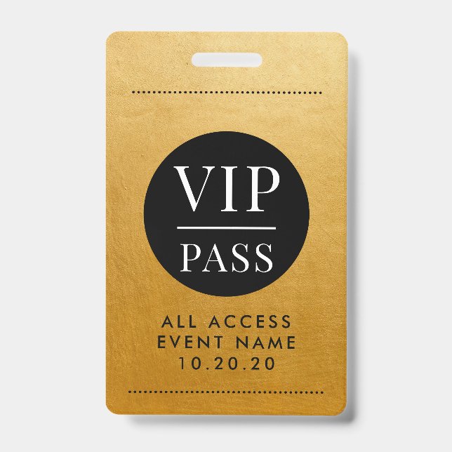VIP All Access Event Gold Metallic Foil Gold Black ID Badge (Front)
