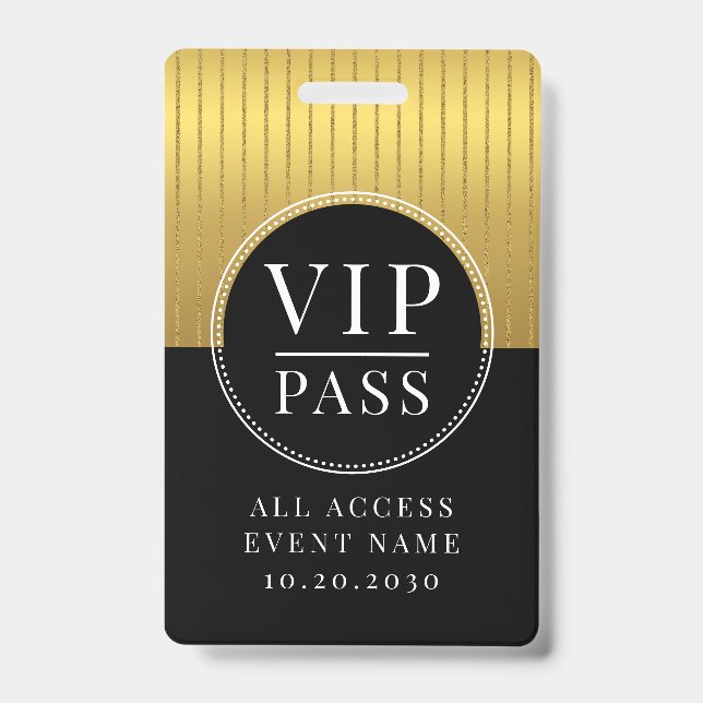 VIP All Access Event Metallic Gold Black ID Badge (Front)
