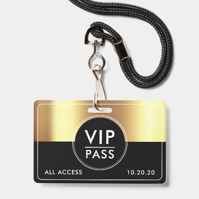 VIP All Access Event Metallic Gold Black ID Badge (Front with Lanyard)