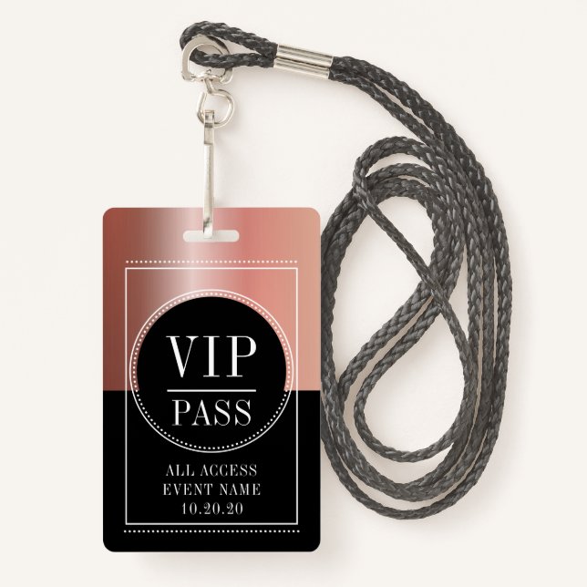 VIP All Access Event Metallic Rose Gold Black ID Badge (Front with Lanyard)