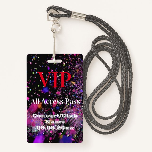 VIP All Access Name Concert Club Party Red  ID Badge (Front with Lanyard)