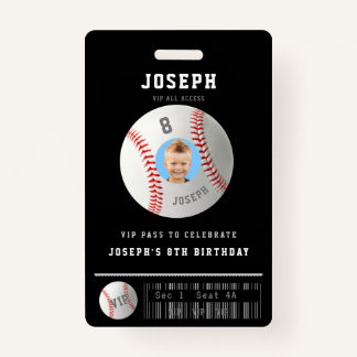 VIP Baseball Pass Custom Photo Birthday Party ID Badge