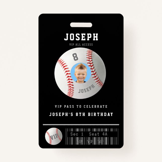 VIP Baseball Pass Custom Photo Birthday Party ID Badge (Front)