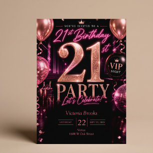 VIP Club Night 21st Pink Black Birthday Party Invitation