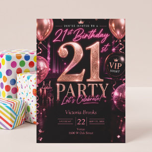 VIP Club Night 21st Pink Black Birthday Party Invitation