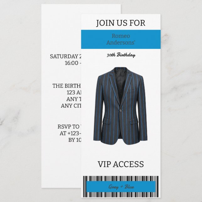 VIP Grey Blue Suit 30th Birthday Invitation (Front/Back)