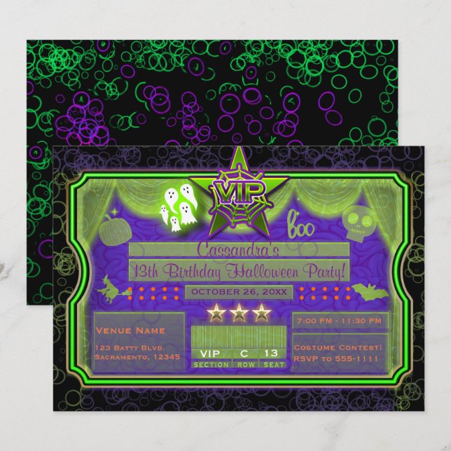 VIP Halloween Green & Purple Glow Birthday Party Invitation (Front/Back)