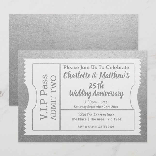 VIP Pass 25th Anniversary Ticket Faux Silver Invitation (Front/Back)