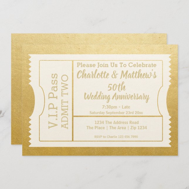VIP Pass 50th Anniversary Ticket Faux Gold Invitation (Front/Back)