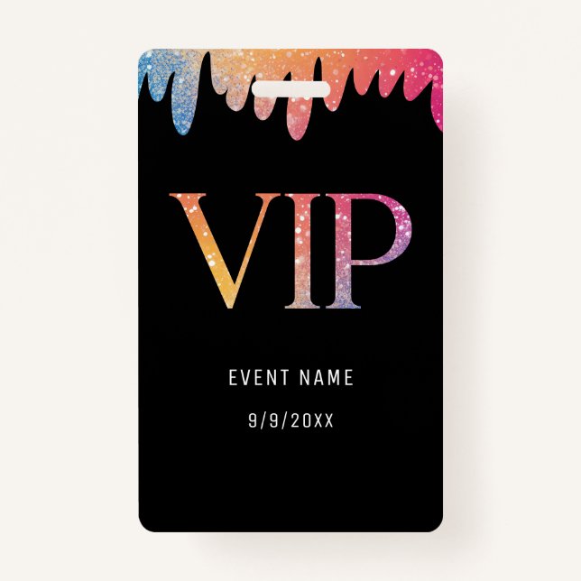 VIP Pass Black Modern Glitter ID Badge (Front)