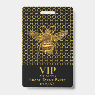 VIP Pass Elegant Black Gold Sparkling Queen Bee ID Badge