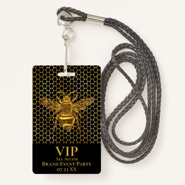 VIP Pass Elegant Black Gold Sparkling Queen Bee ID Badge (Front with Lanyard)