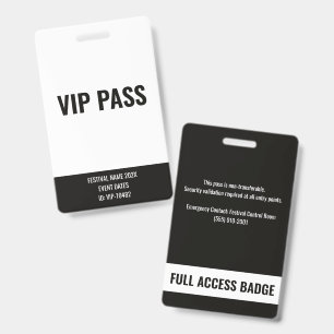 VIP Pass Full Access White & Black Music Festival ID Badge