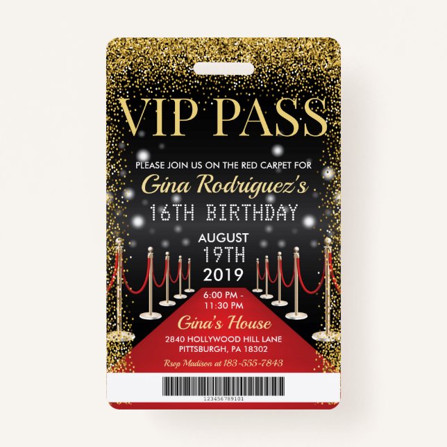 VIP Pass Hollywood Red Carpet Birthday Invitation ID Badge (Front)