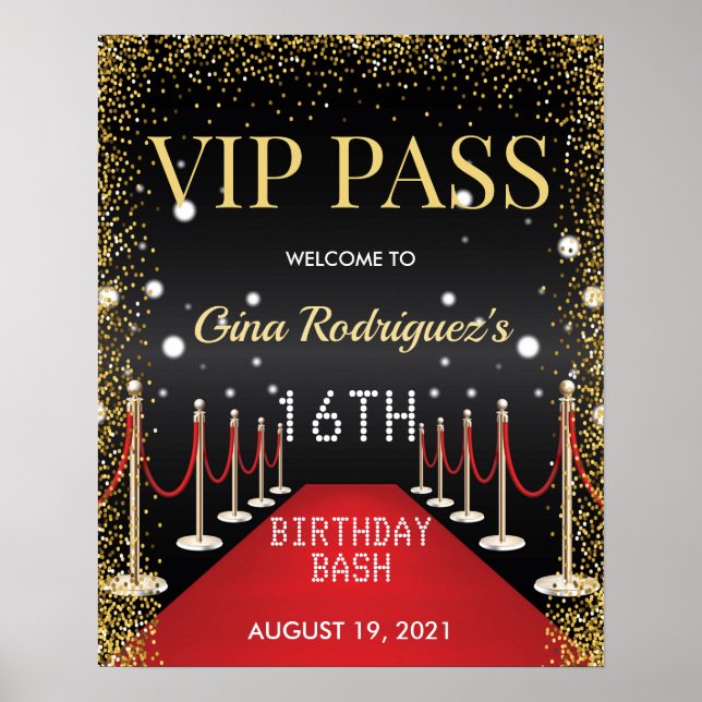 VIP Pass Hollywood Red Carpet Birthday Party Sign (Front)