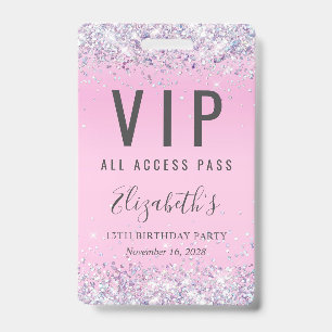 VIP Pass Pink Glitter Birthday Party ID Badge