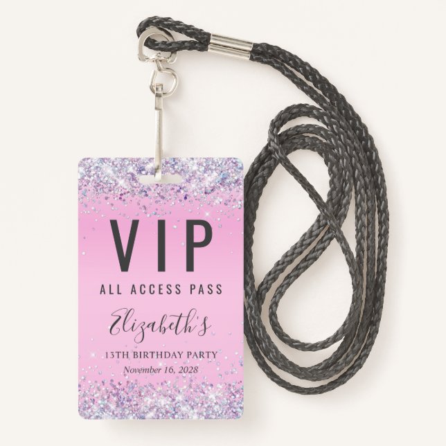 VIP Pass Pink Glitter Birthday Party ID Badge (Front with Lanyard)