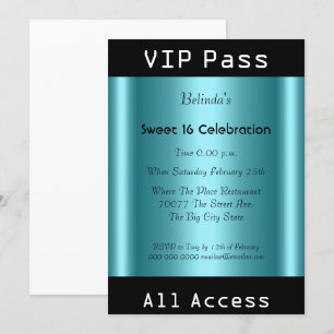 VIP pass Sweet 16 Birthday Party Black Teal Invitation