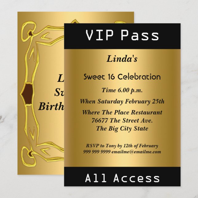 VIP pass Sweet 16 Birthday Party Gold Invitation (Front/Back)