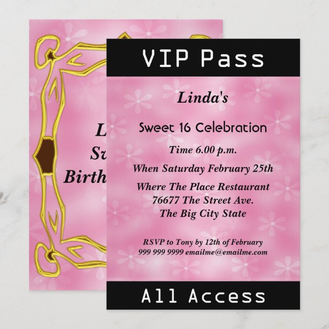 VIP pass Sweet 16 Birthday Party Pink Invitation (Front/Back)