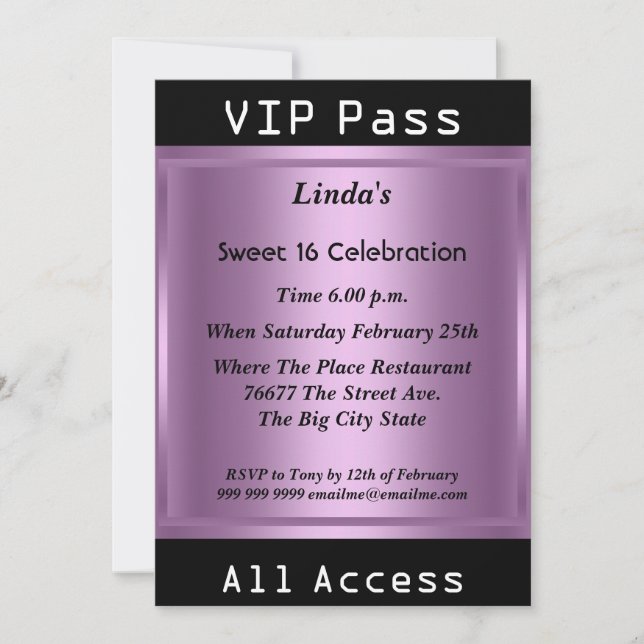 VIP pass Sweet 16 Birthday Party Purple Invitation (Front)