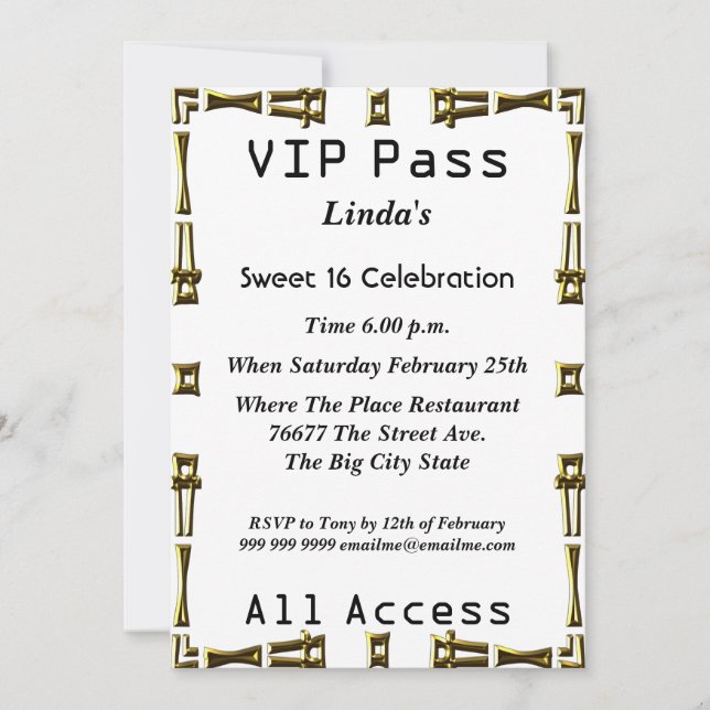 VIP pass Sweet 16 Birthday Party White Invitation (Front)