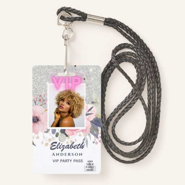 VIP PHOTO ID - Party, Festival, Event GLITTER GLAM ID Badge (Front with Lanyard)