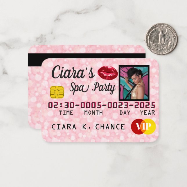 VIP Pink Glitter Photo Party Credit Card (Front/Back In Situ)
