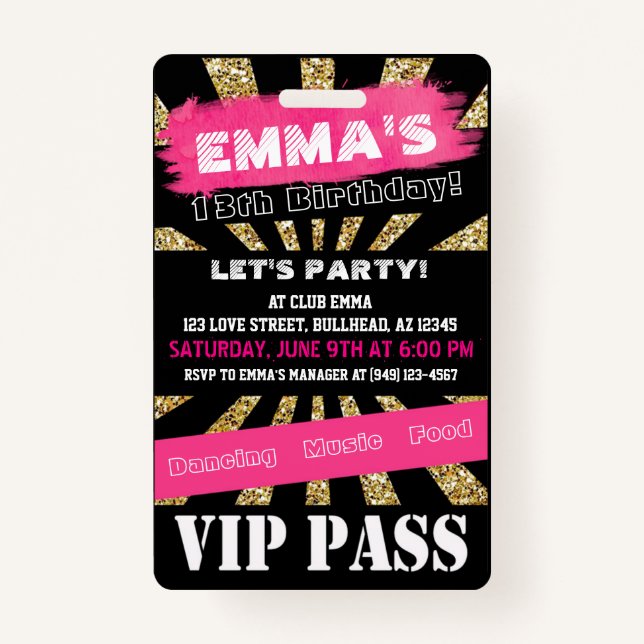 VIP Pink & Gold Any Event Pass Custom Wording ID Badge (Front)
